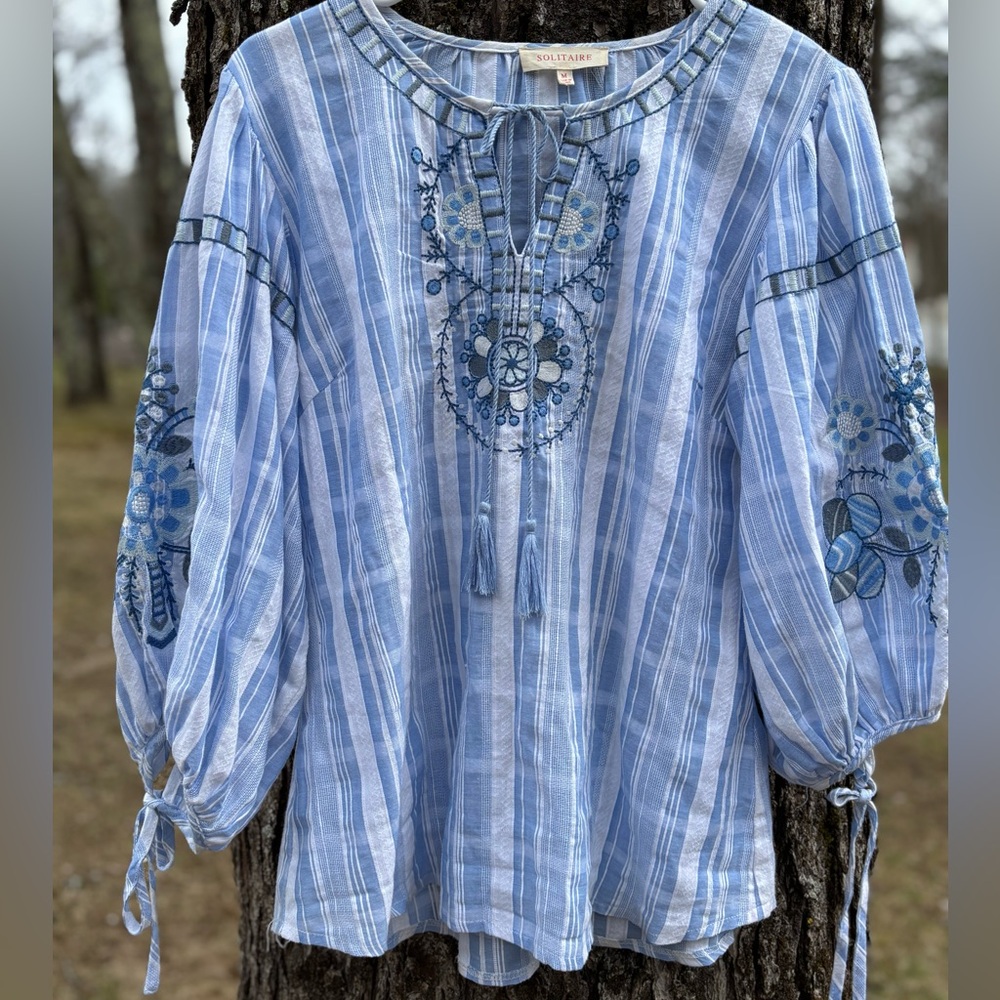 Solitaire Striped Embroidered Balloon Sleeve Boho Blouse 100% Cotton